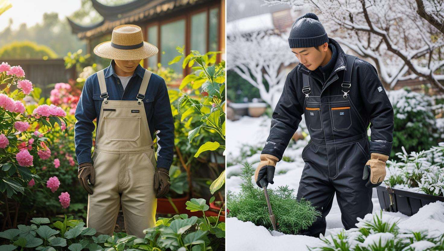 Split image showing a gardener wearing light cotton overalls in summer on the left and insulated waterproof overalls in winter on the right, demonstrating seasonal gardening gear