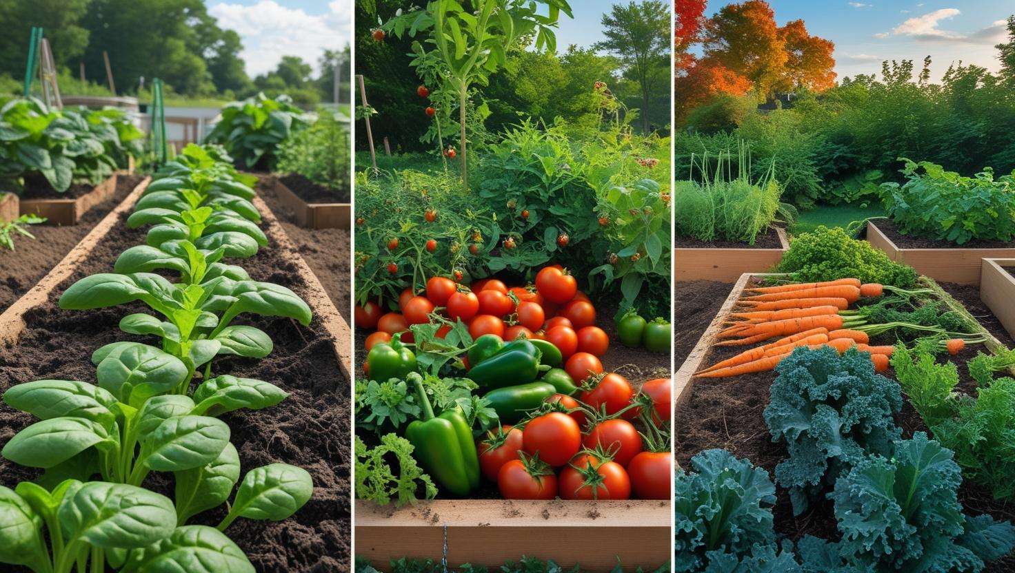 Split image showing a raised bed garden in Pennsylvania during spring, summer, and fall with different crops like spinach, tomatoes, and kale