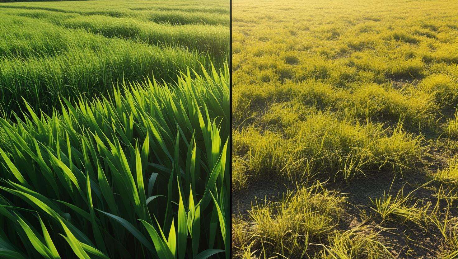 A healthy pasture with strong grass growth, showing a contrast between fertilized and non-fertilized areas.