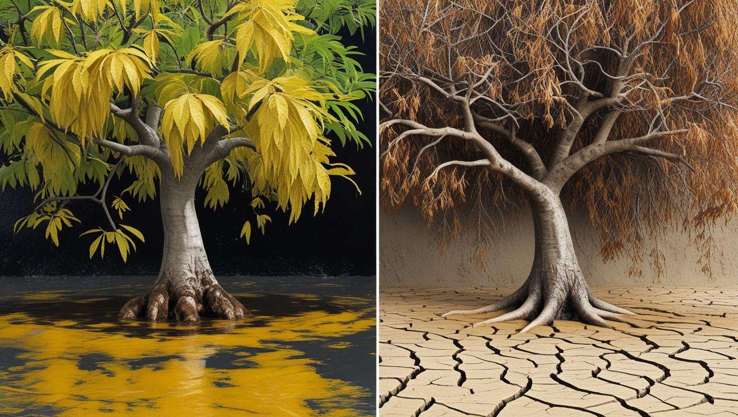 Comparison of overwatered and underwatered trees showing symptoms of stress like yellowing leaves and dry, brittle branches.