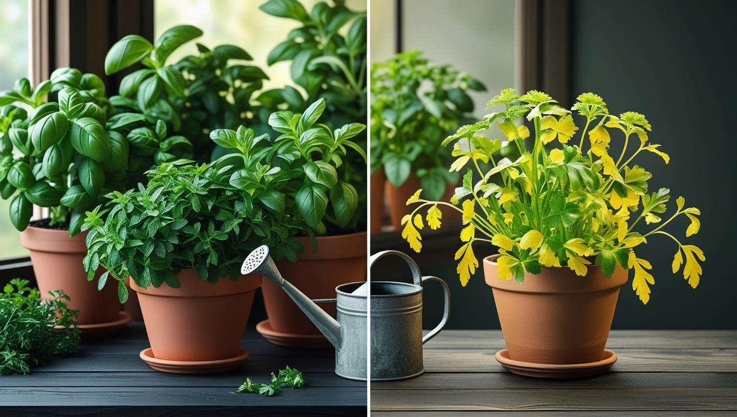 Split image showing healthy indoor herbs on one side and a struggling plant with yellowing leaves on the other, highlighting common natural green gardening challenges