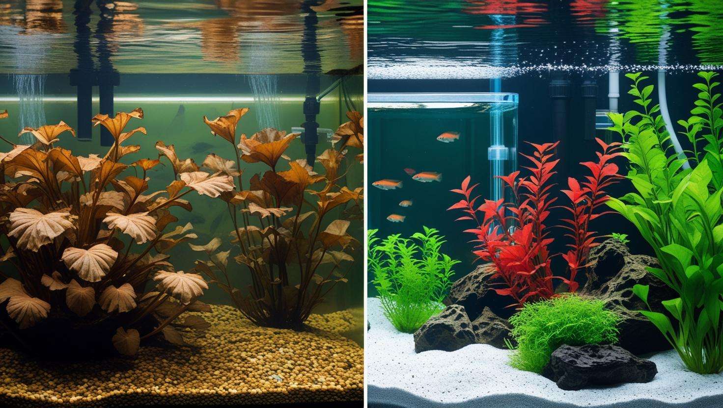 A split image showing the "wrong" and "right" types of gravel. On the left, a cluttered tank with overly coarse gravel, poorly maintained water, and stressed plants. On the right, a well-organized tank with appropriate gravel, healthy plants, and clear water.