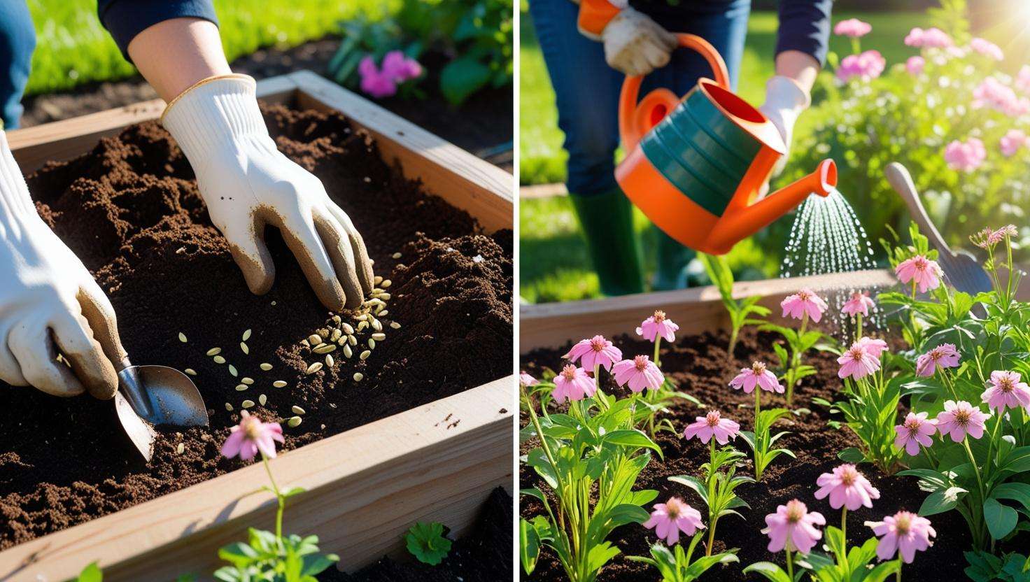 A gardener planting pink wildflowers like Pink Columbine in a garden, preparing soil, and watering the plants under bright sunlight
