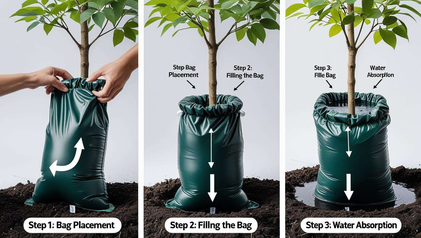Step-by-step guide showing the installation of a tree water bag, from placement around a tree base to filling it with water for slow release.
