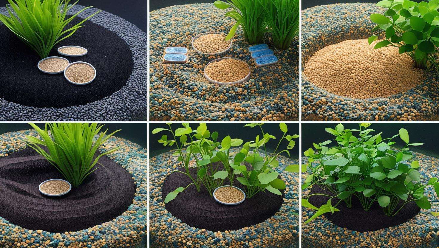 A step-by-step image showing the process of setting up aquarium gravel. It can show the layers: nutrient-rich substrate at the bottom, followed by regular gravel on top. You can also include tools like root tabs and fertilizers.