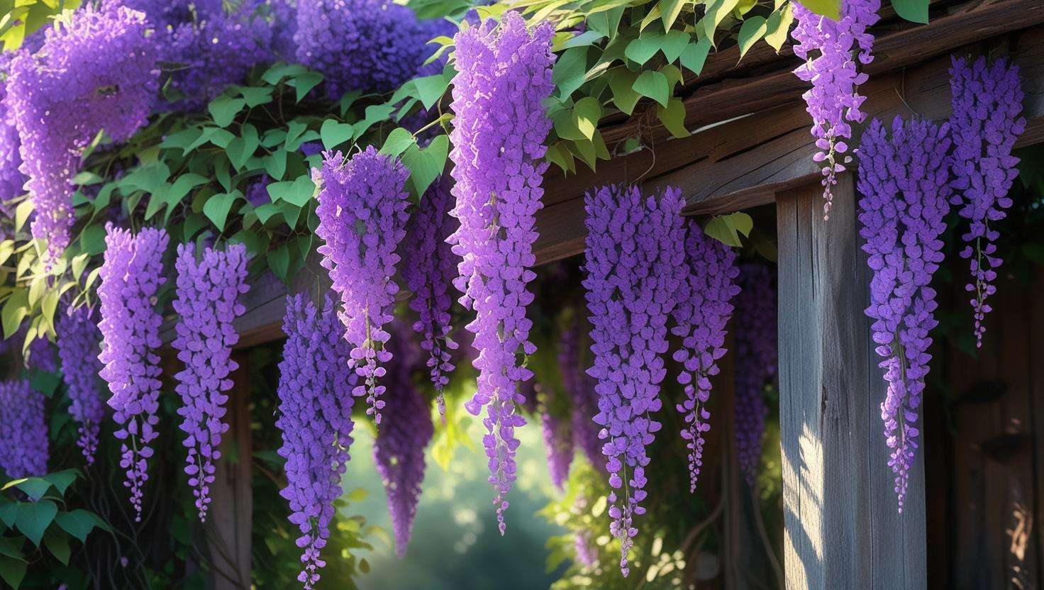 Stunning wisteria flowers cascading over an arbor, with clusters of purple blooms in a vibrant garden setting