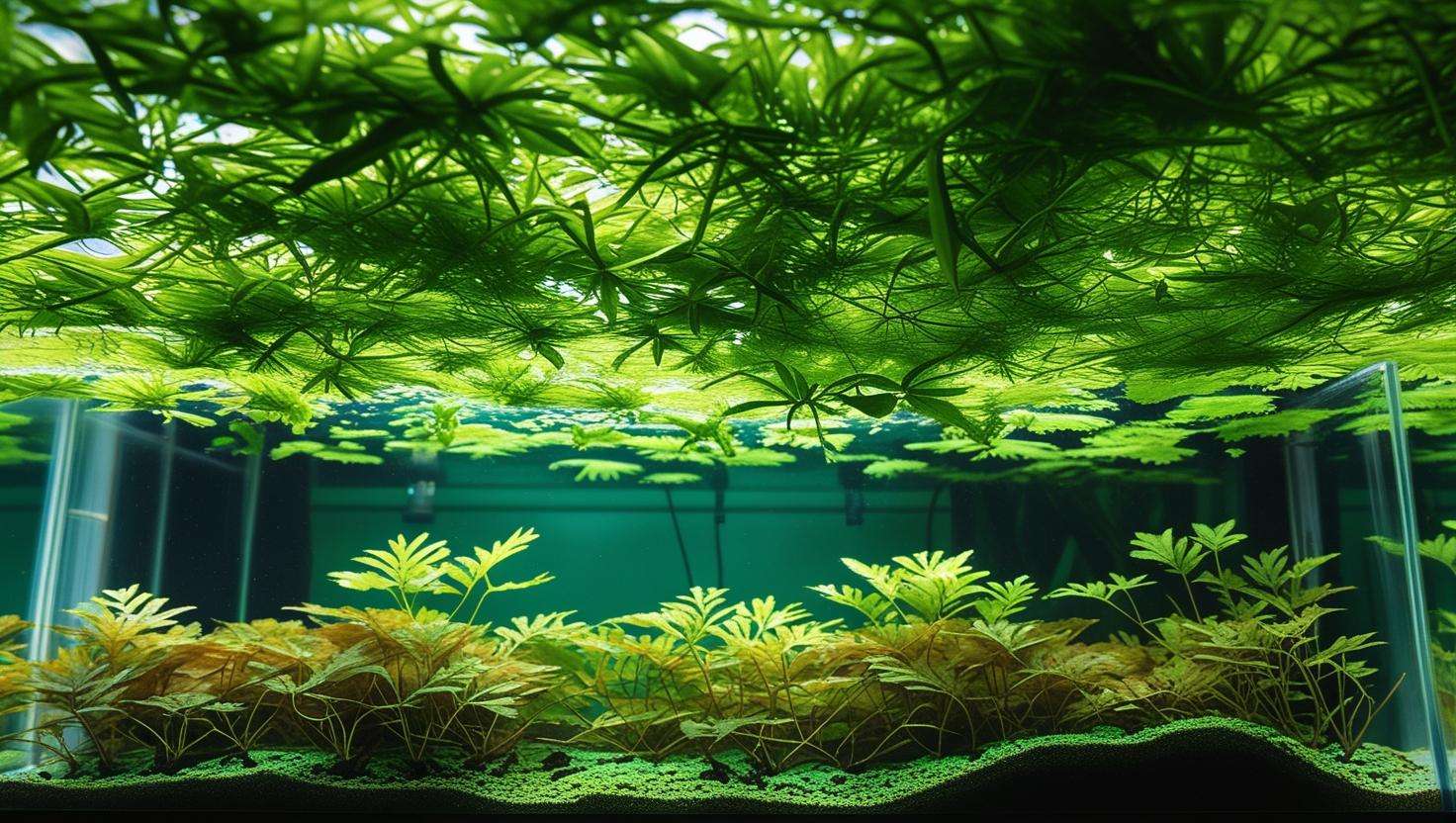 An image of an aquarium where duckweed covers the surface, blocking light from reaching submerged plants like Java Fern or Amazon Sword.