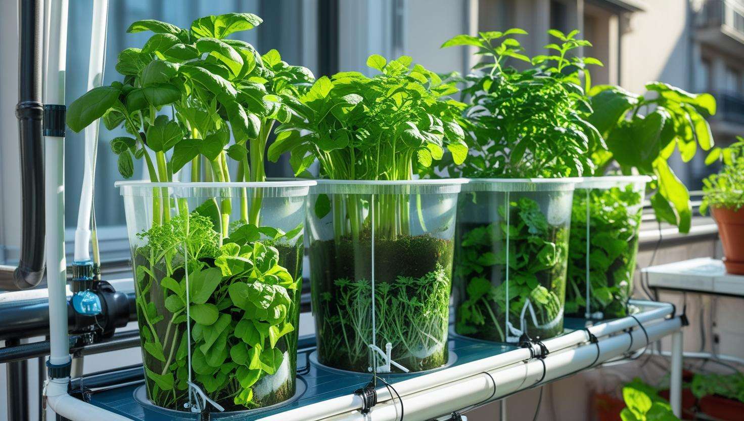  A vibrant hydroponic garden in a small space, such as a balcony or kitchen counter, showcasing a 5 hydroponic buckets kit in action with plants growing well.