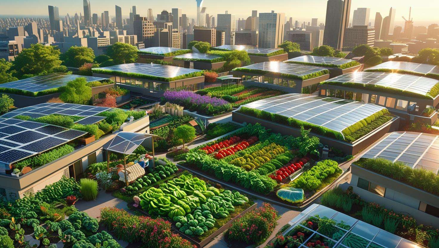  A thriving, sustainable city with rooftop greenhouses and local food production integrated into the urban landscape.