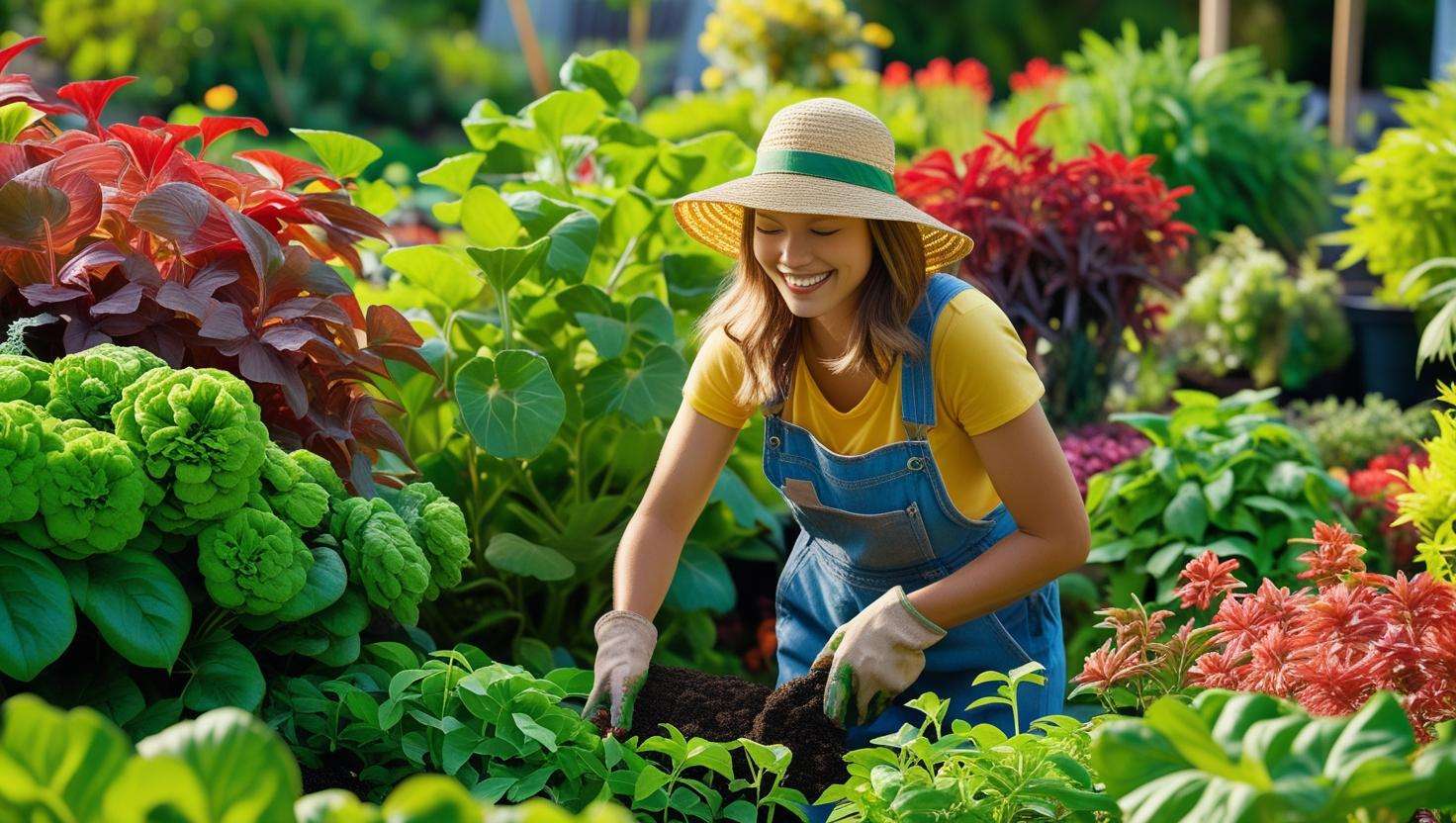 A thriving garden with well-maintained plants and a gardener happily working in the yard, showcasing the success of using 13 13 13 fertilizer.