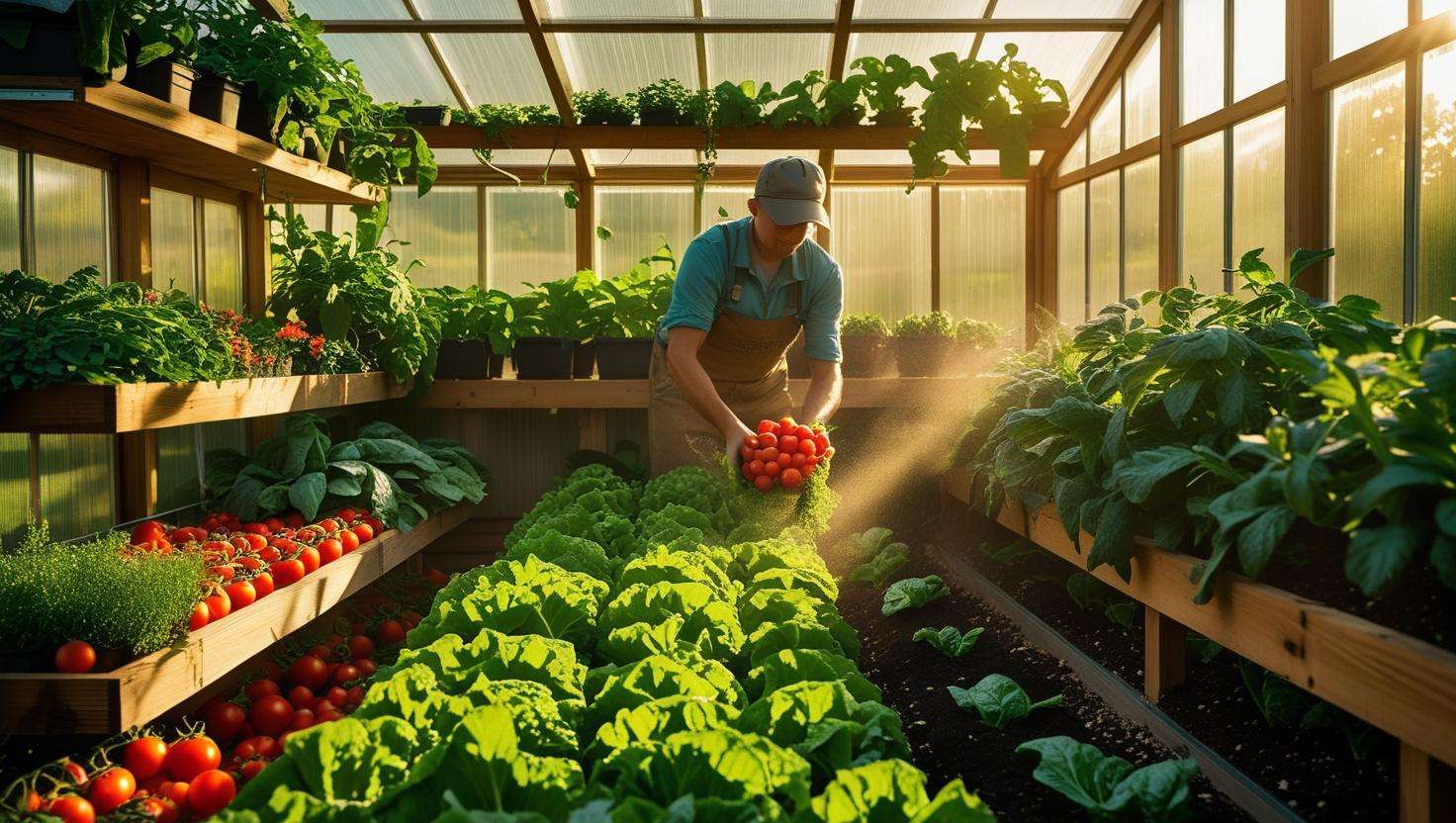 A well-maintained greenhouse shed with flourishing plants and happy gardeners harvesting vegetables.