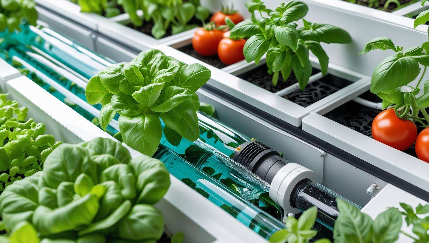 A flourishing hydroponic garden with healthy plants, illustrating the success of using the right hydroponics pump for optimal growth.