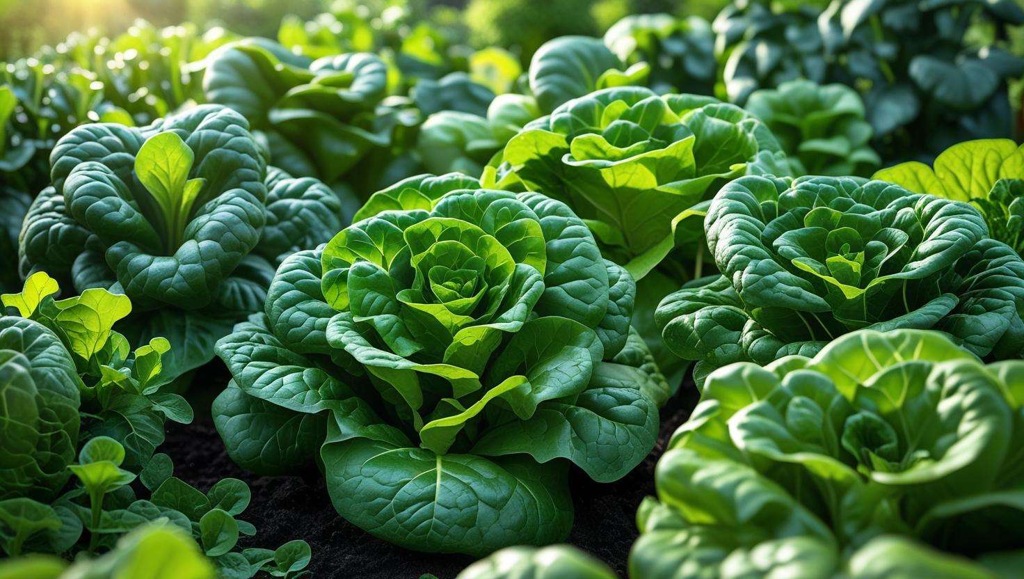 A healthy vegetable garden with plants like lettuce or spinach in their vegetative growth stage, showing vibrant green leaves.