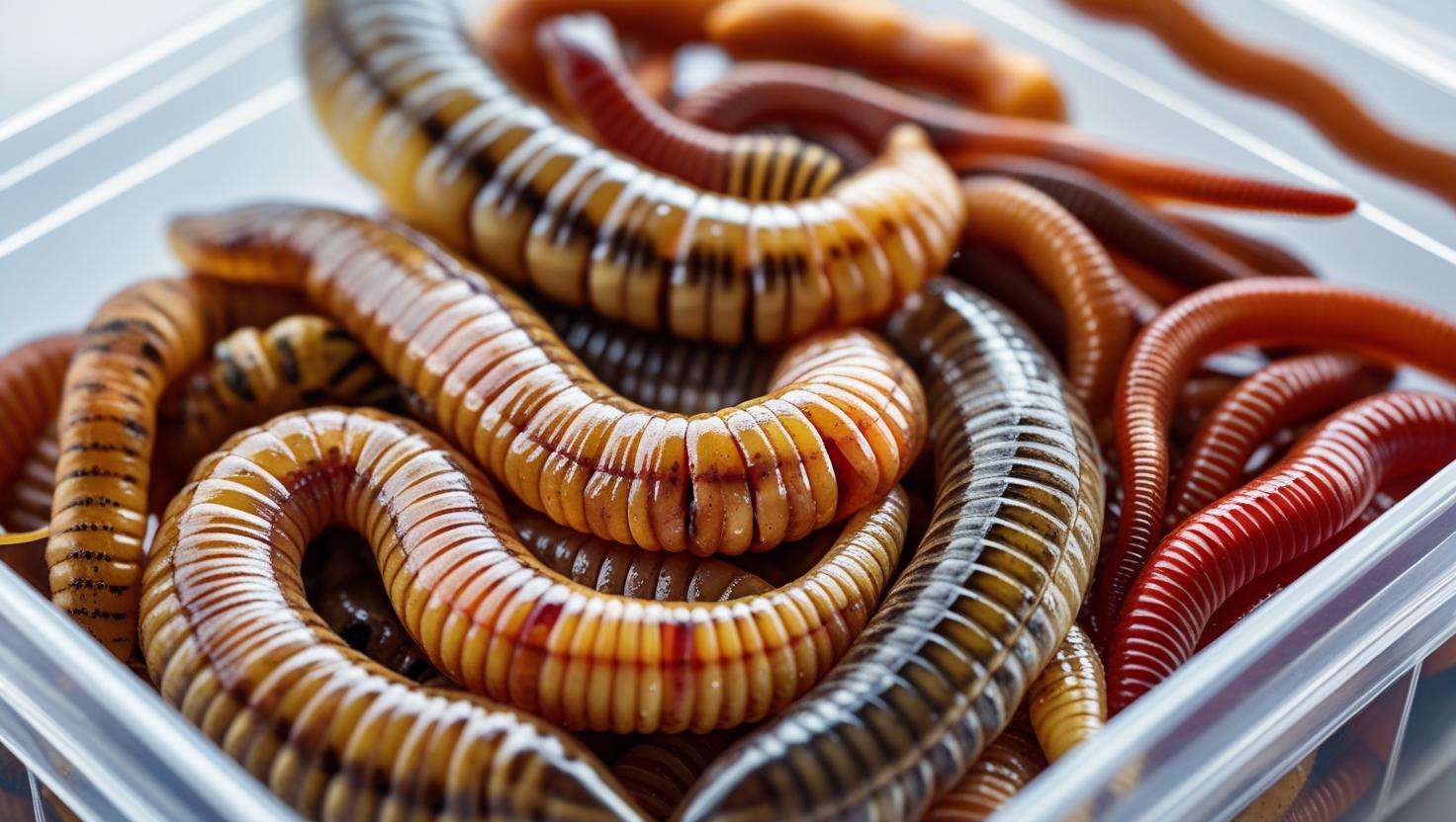 An image showing a variety of worms, such as nightcrawlers, red wigglers, and earthworms, neatly arranged or in a bait container. This will help to visually illustrate the versatility of worms for fishing.