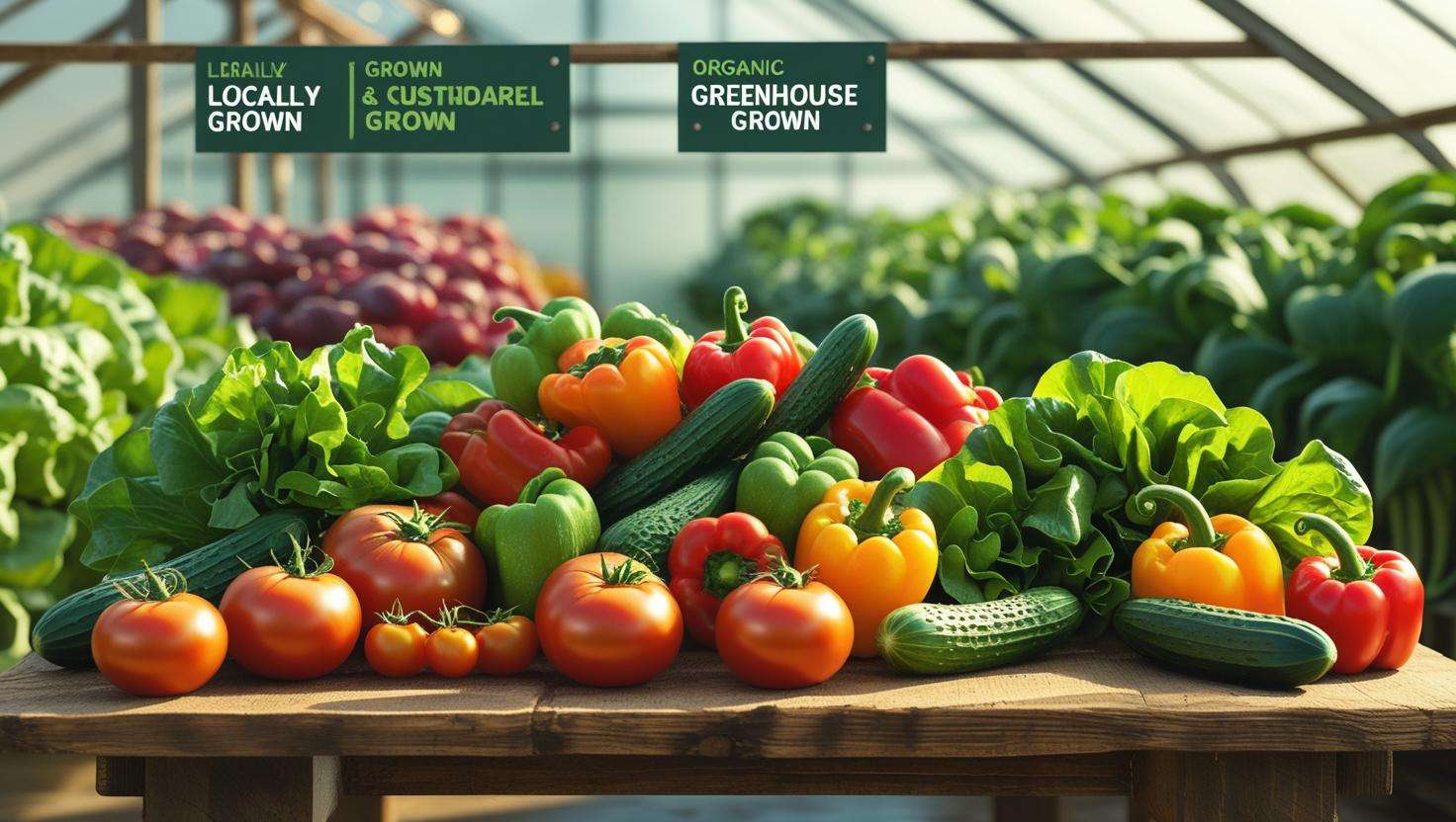  A variety of greenhouse-grown food, including tomatoes, cucumbers, peppers, lettuce, and herbs, all arranged beautifully.