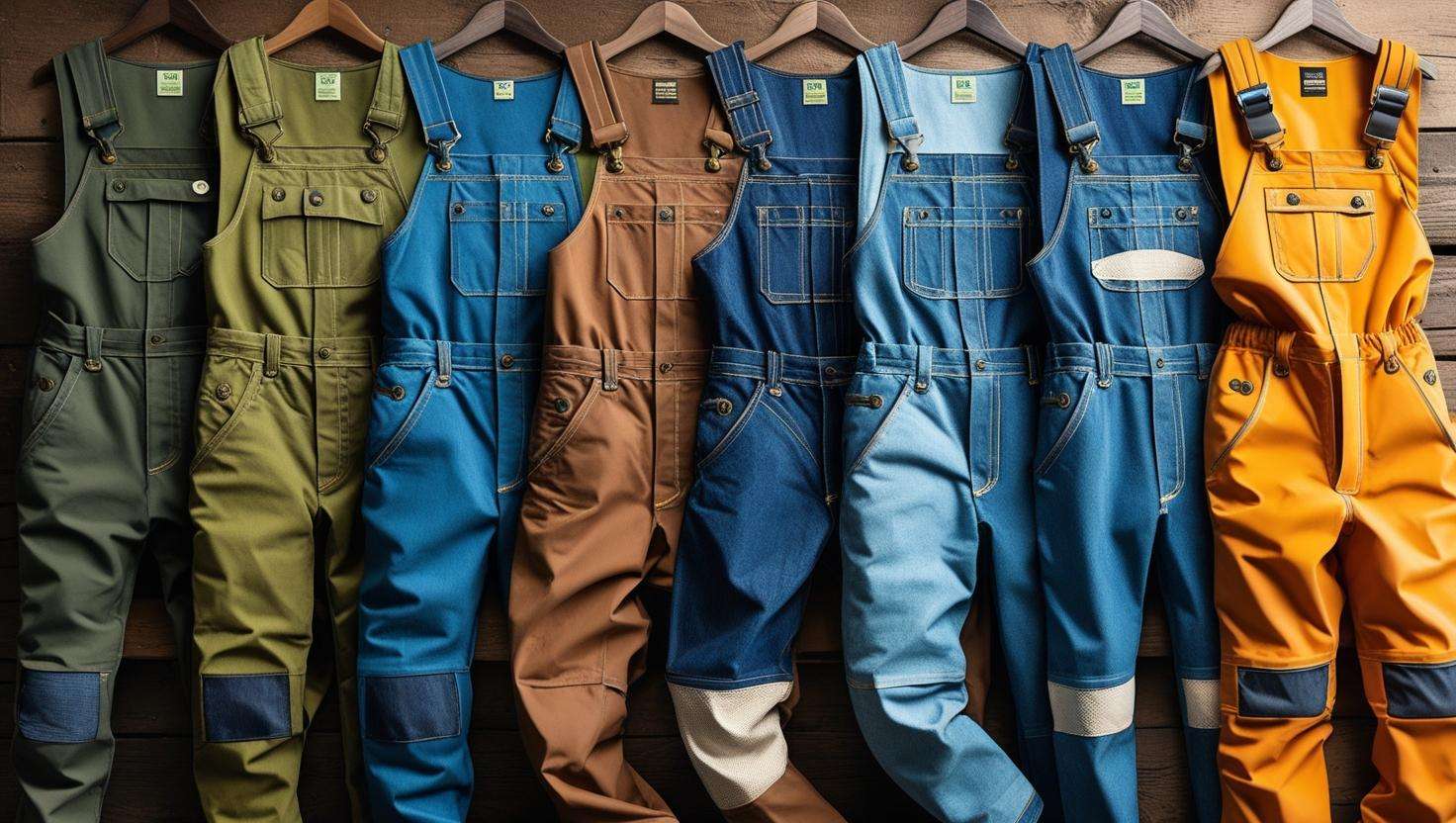 Variety of gardening overalls displayed in different fabrics like cotton, denim, and waterproof materials, showcasing options for different gardening needs