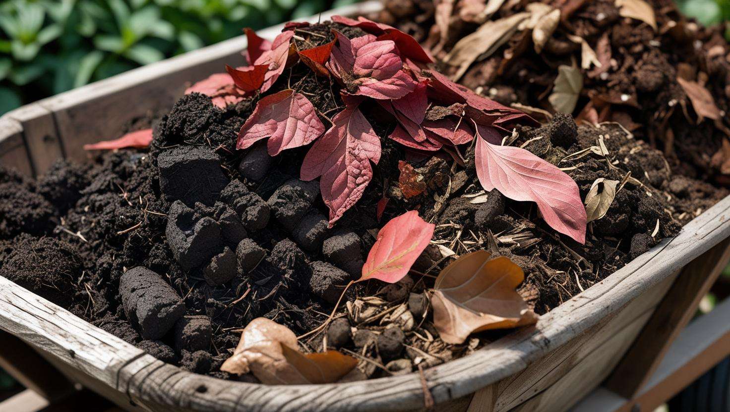 A garden scene featuring a variety of compost materials like well-rotted manure, composted leaves, and organic waste.