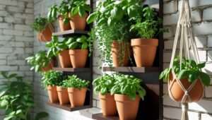 Vertical indoor herb garden mounted on a wall with thriving basil, thyme, and mint in hanging planters, demonstrating advanced natural green gardening techniques