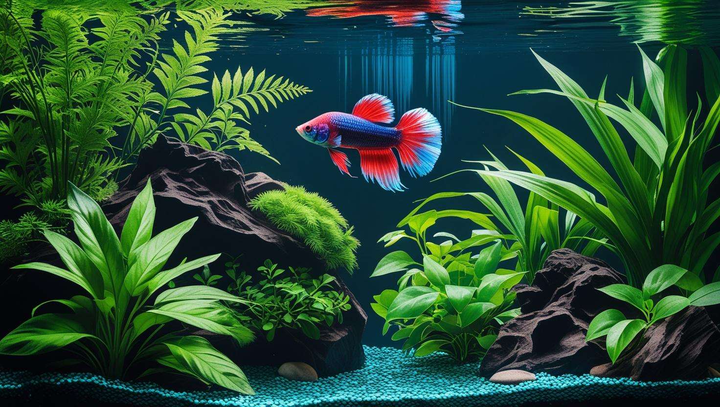  A selection of the top 10 plants featured in the article (like Java Fern, Anubias, and Amazon Sword) arranged in a single tank setup with a betta fish swimming among them.