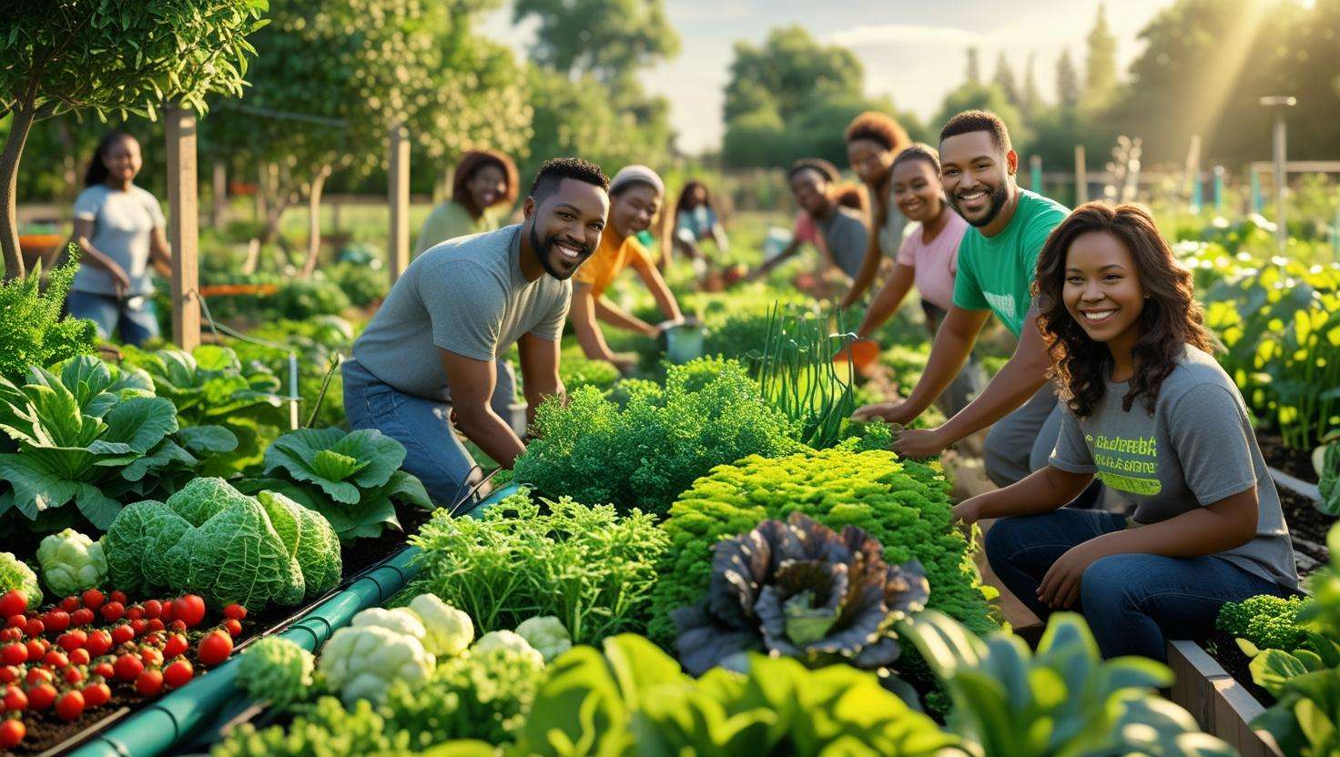  A community garden or school project with a large aquaponics system being used by several people to grow food.