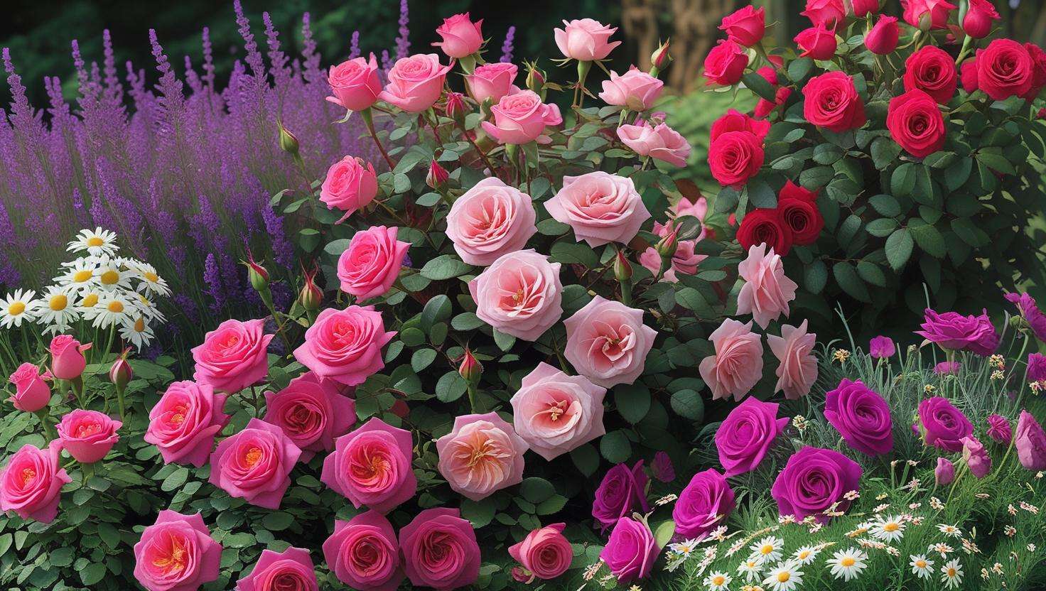 Colorful flower bed filled with a variety of rose types, including hybrid teas, shrub roses, and ground cover roses, surrounded by complementary plants