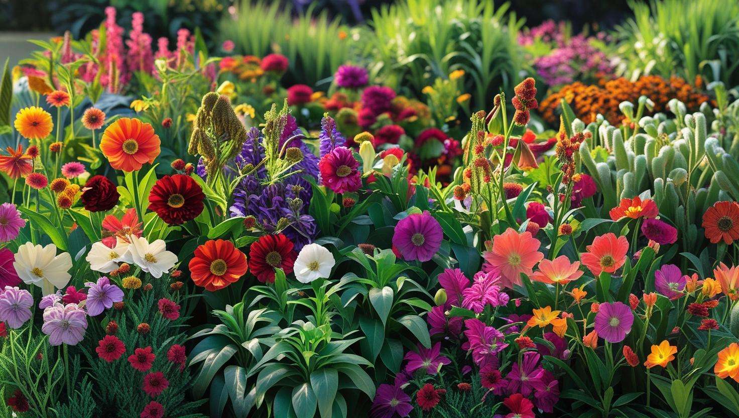 Vibrant flower garden with colorful blooms and healthy plants, showcasing the impact of Natures Garden Fertiliser on plant growth and vitality