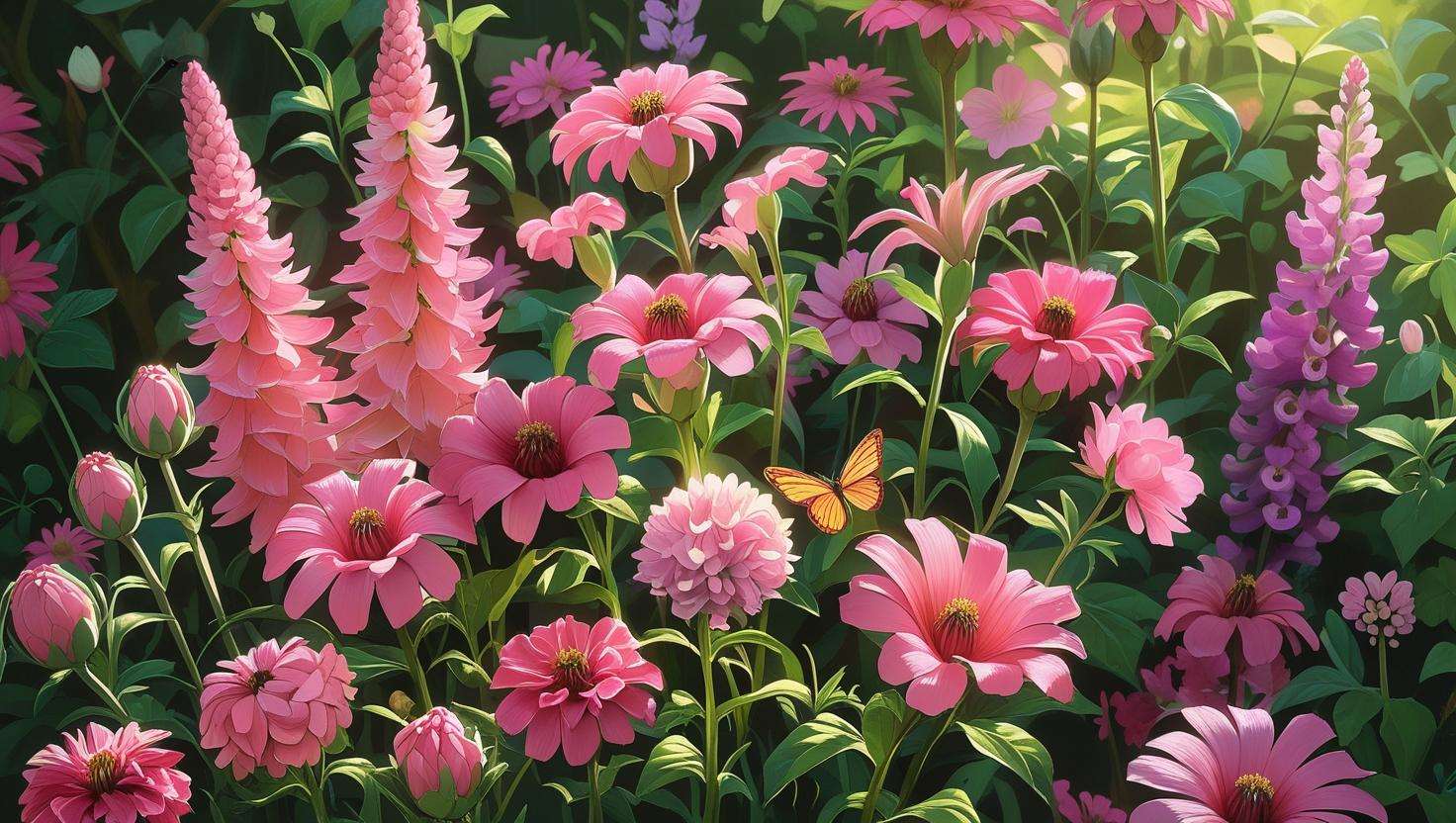 A lush garden with like Pink Zinnia, Wild Sweet William, and Pink Lupine at different stages of bloom in the sunlight.