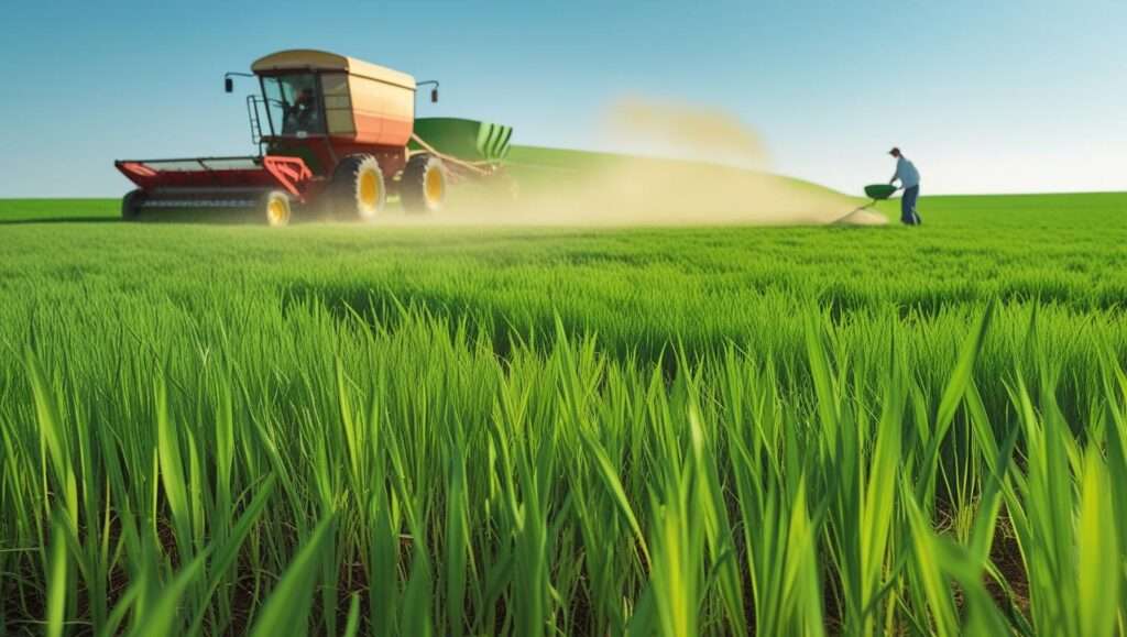 Healthy, thriving grassland with vibrant green pasture and fertilizer spread across the field.