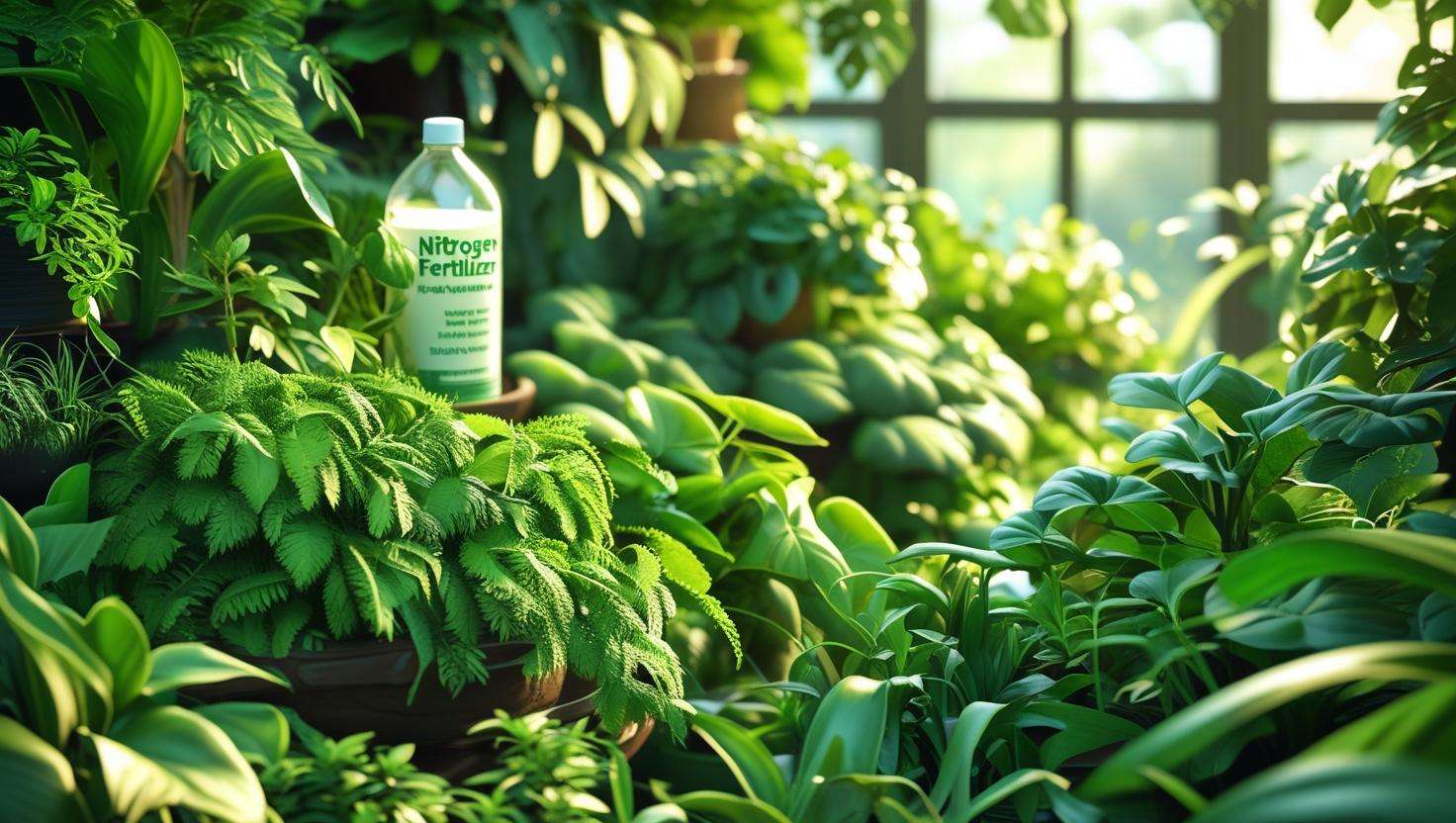  A beautiful, thriving garden or indoor plant setup with healthy, green plants and a clear nitrogen fertilizer bottle in the background.