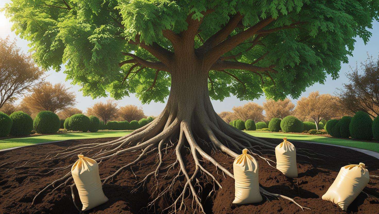A healthy tree surrounded by tree water bags, showing vibrant foliage and strong roots, demonstrating the benefits of efficient watering
