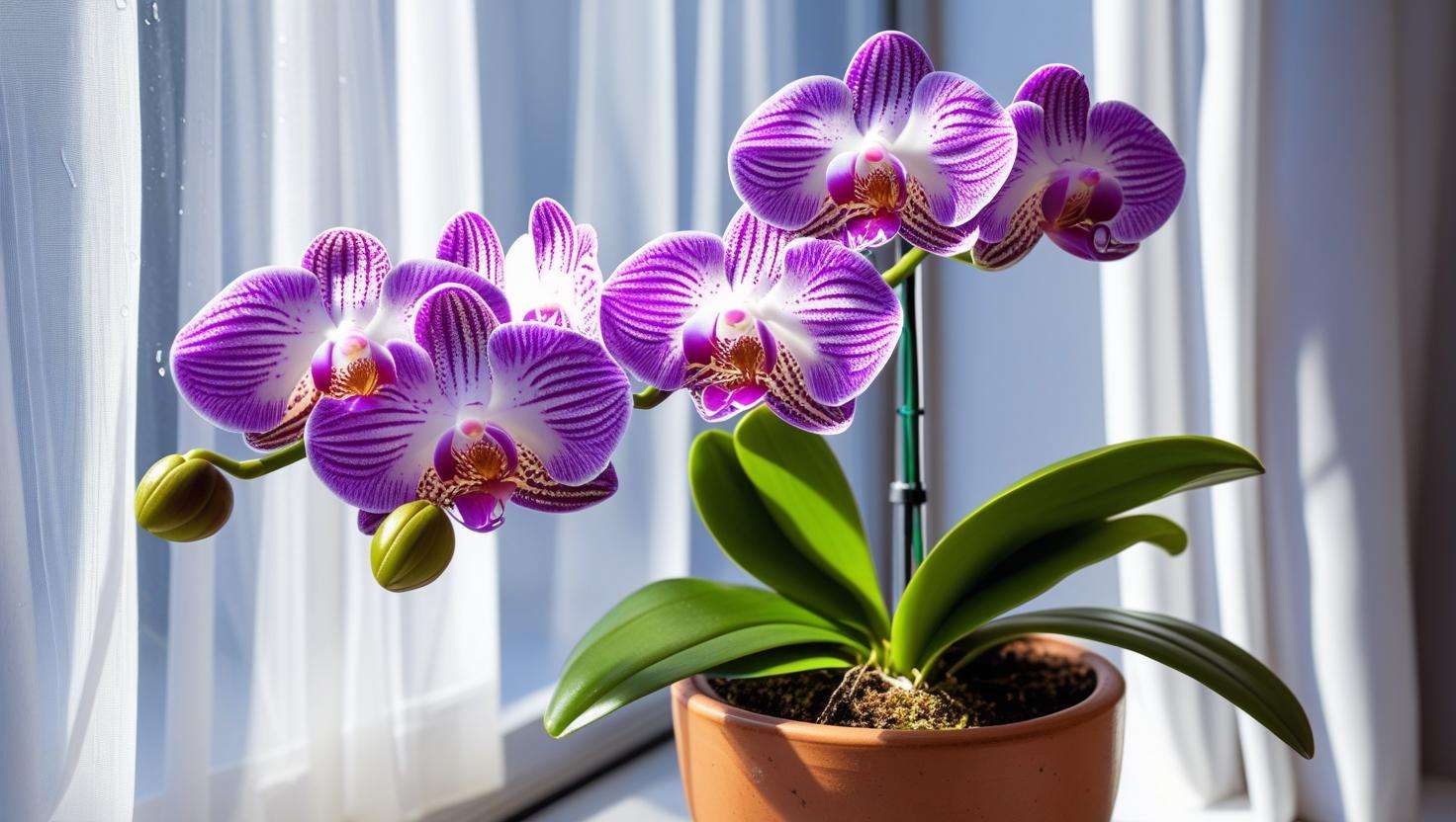 Vibrant orchid plant placed near a window with bright, indirect sunlight, thriving in a well-lit environment for optimal growth and health