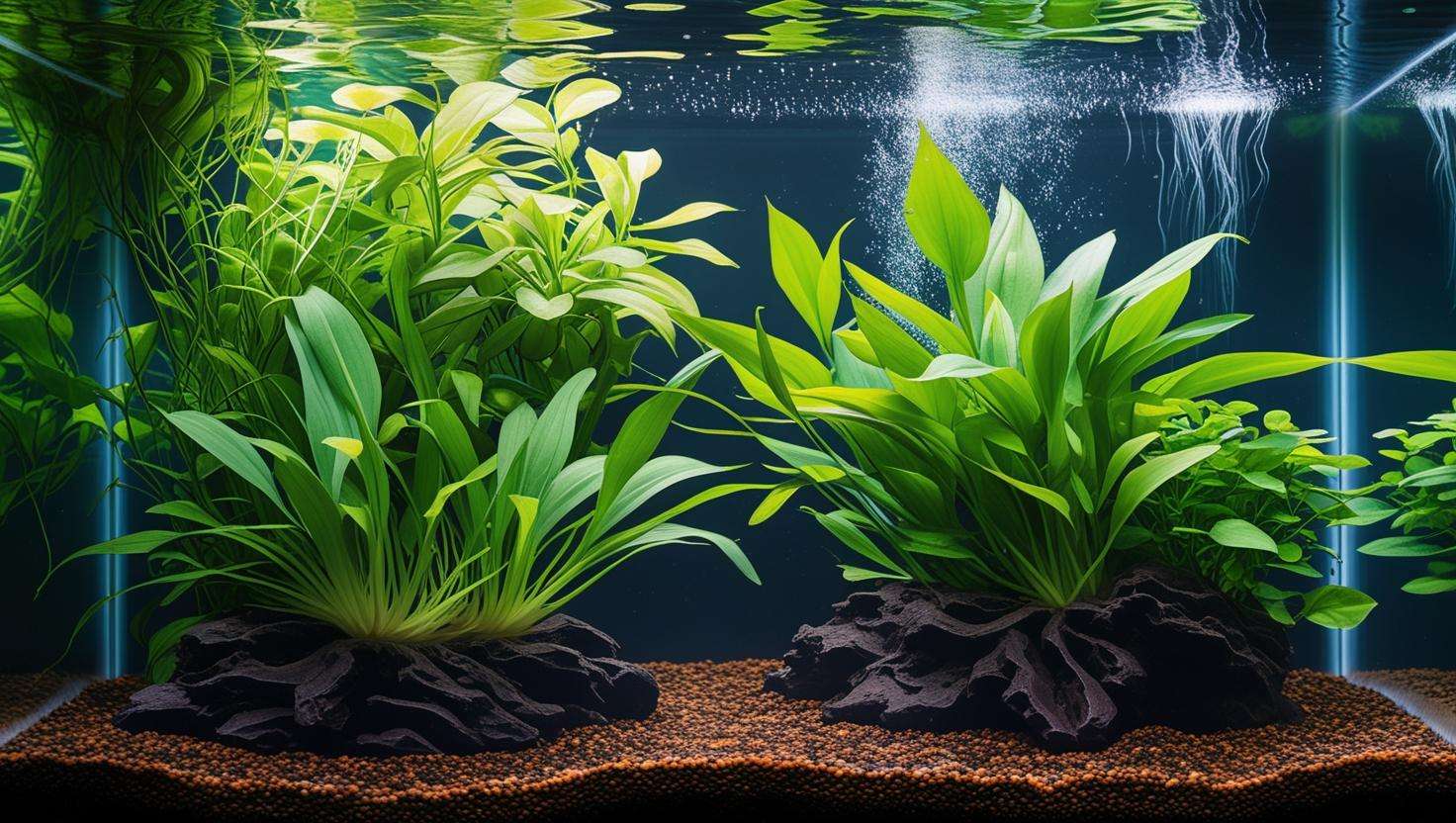 A vibrant aquarium with healthy aquatic plants, showcasing roots firmly anchored in nutrient-rich gravel. The plants should look lush and thriving with clear water circulation and visible water quality.