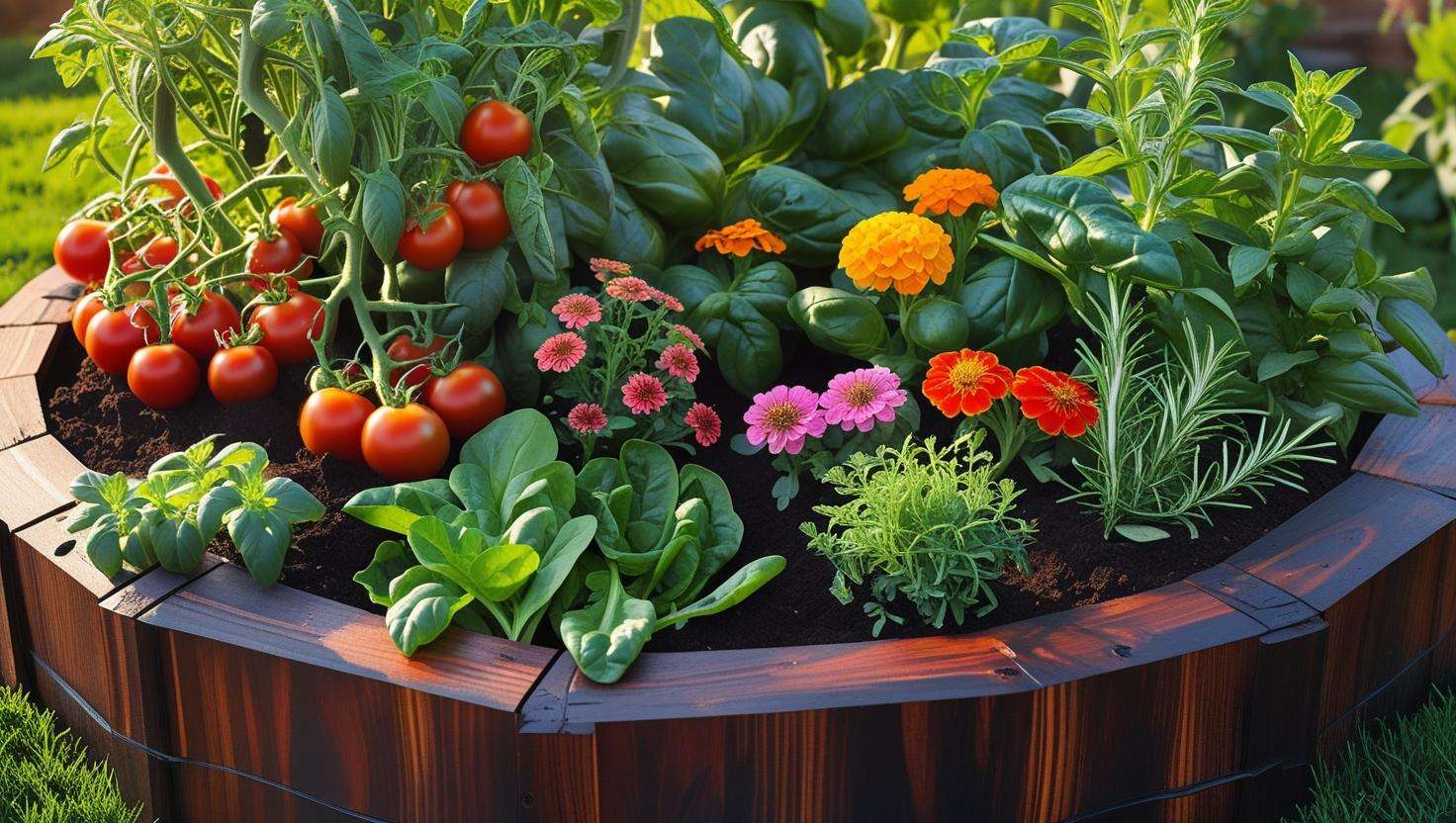 Raised circular garden bed filled with healthy vegetables, flowers, and herbs, showcasing diverse plant varieties for easy garden management