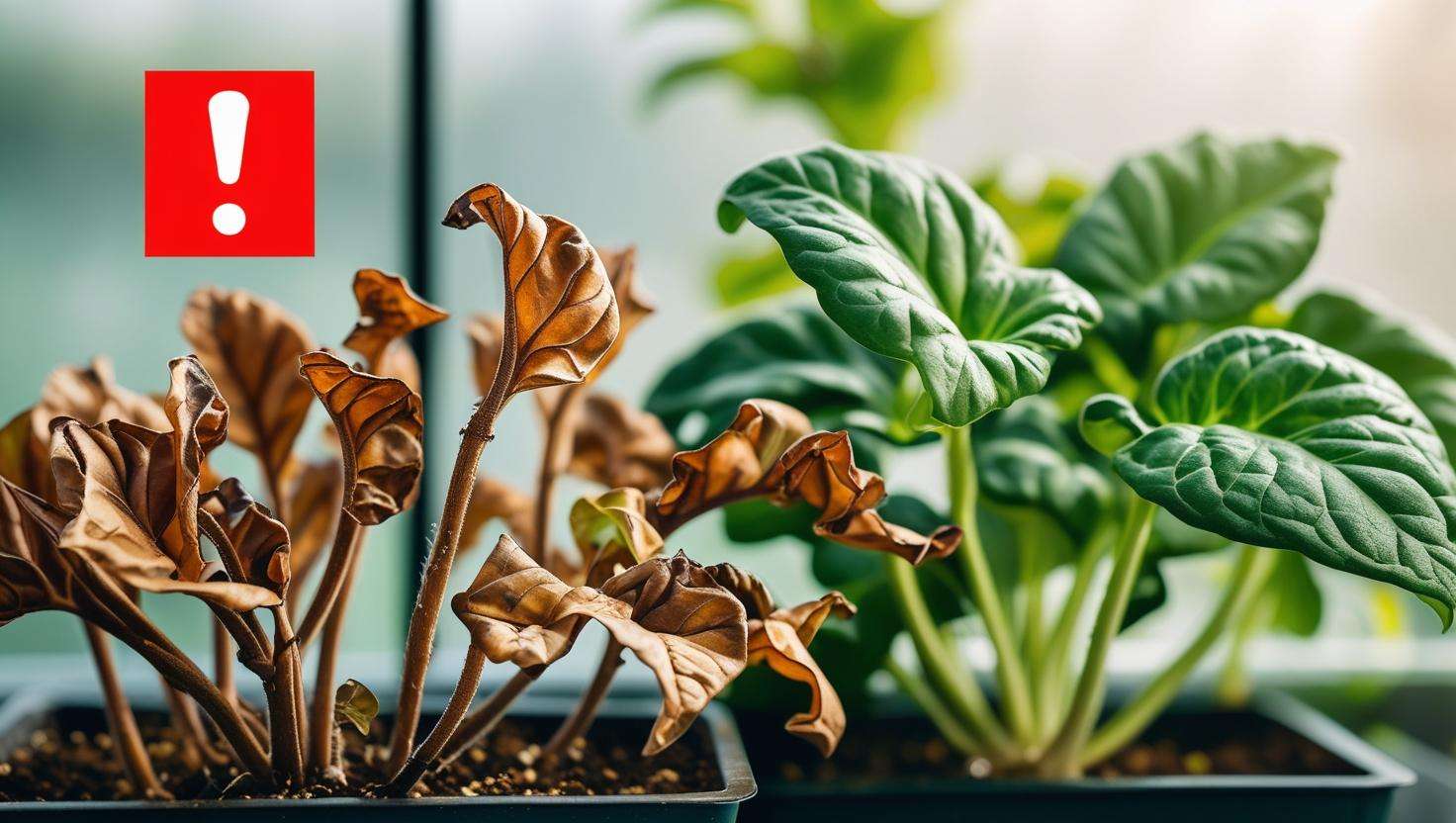  A warning-style image showing an overfed plant with nutrient burn (yellowbrown tips) and another image of a healthy plant.