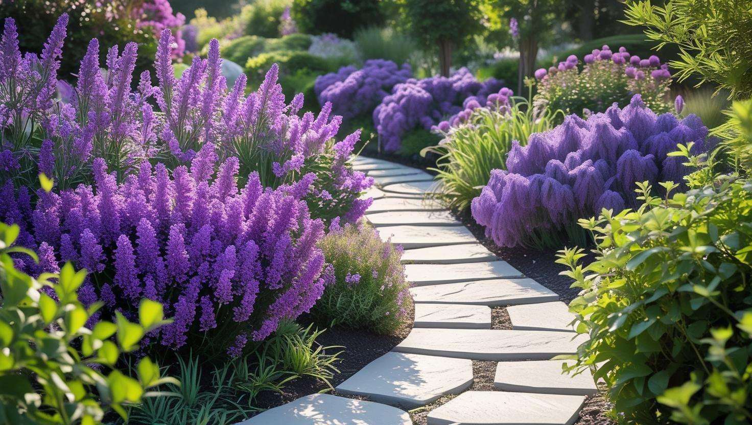 Purple-flowering shrubs like lavender and lilac arranged in a colorful garden border with surrounding greenery