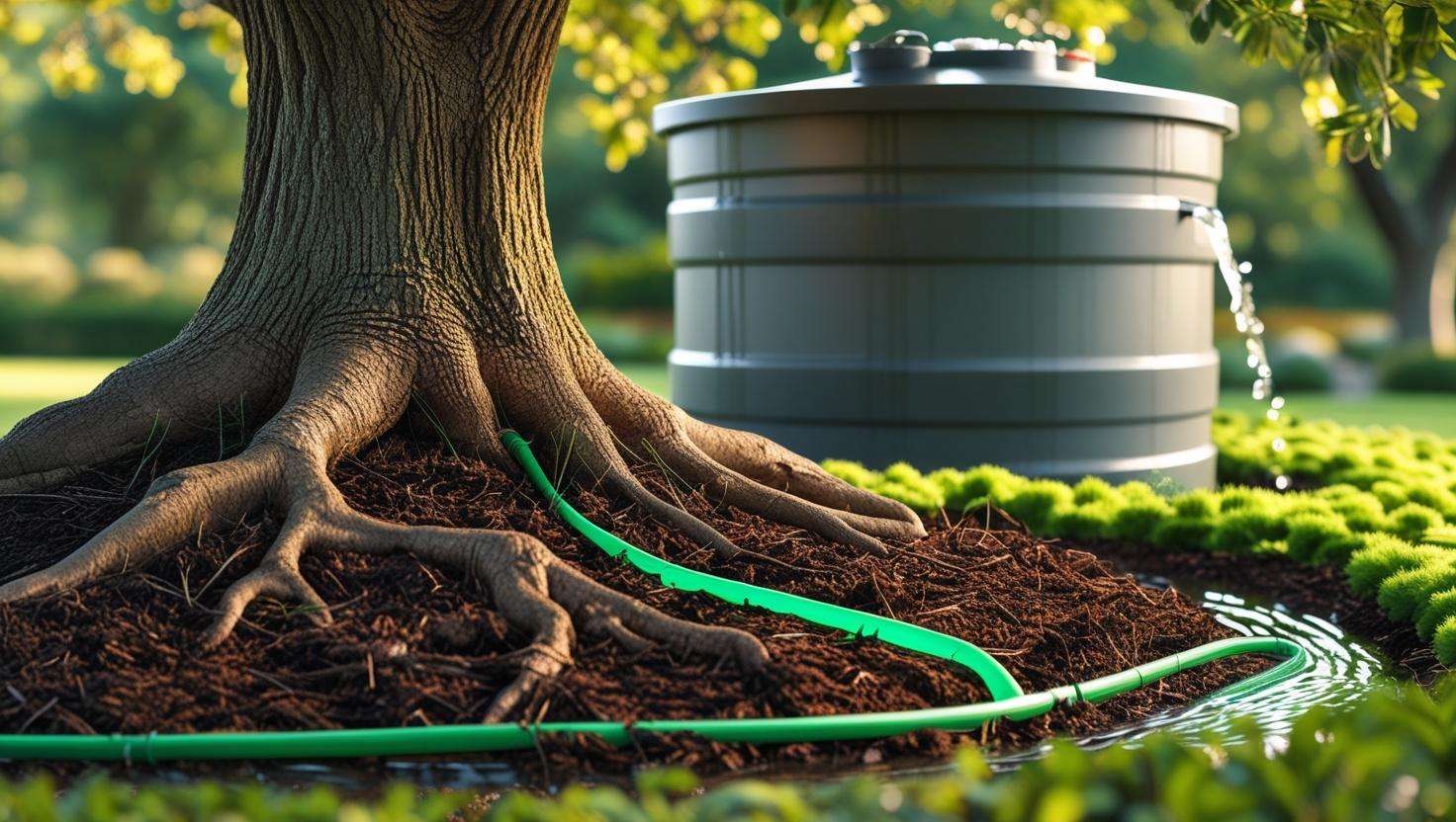 Garden with a mature tree surrounded by mulch and a rainwater harvesting barrel collecting water for efficient tree watering