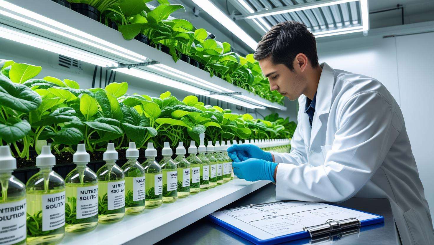  A clean, organized hydroponic system showing multiple healthy plants growing with a visible feeding schedule and nutrient bottles lined up neatly.