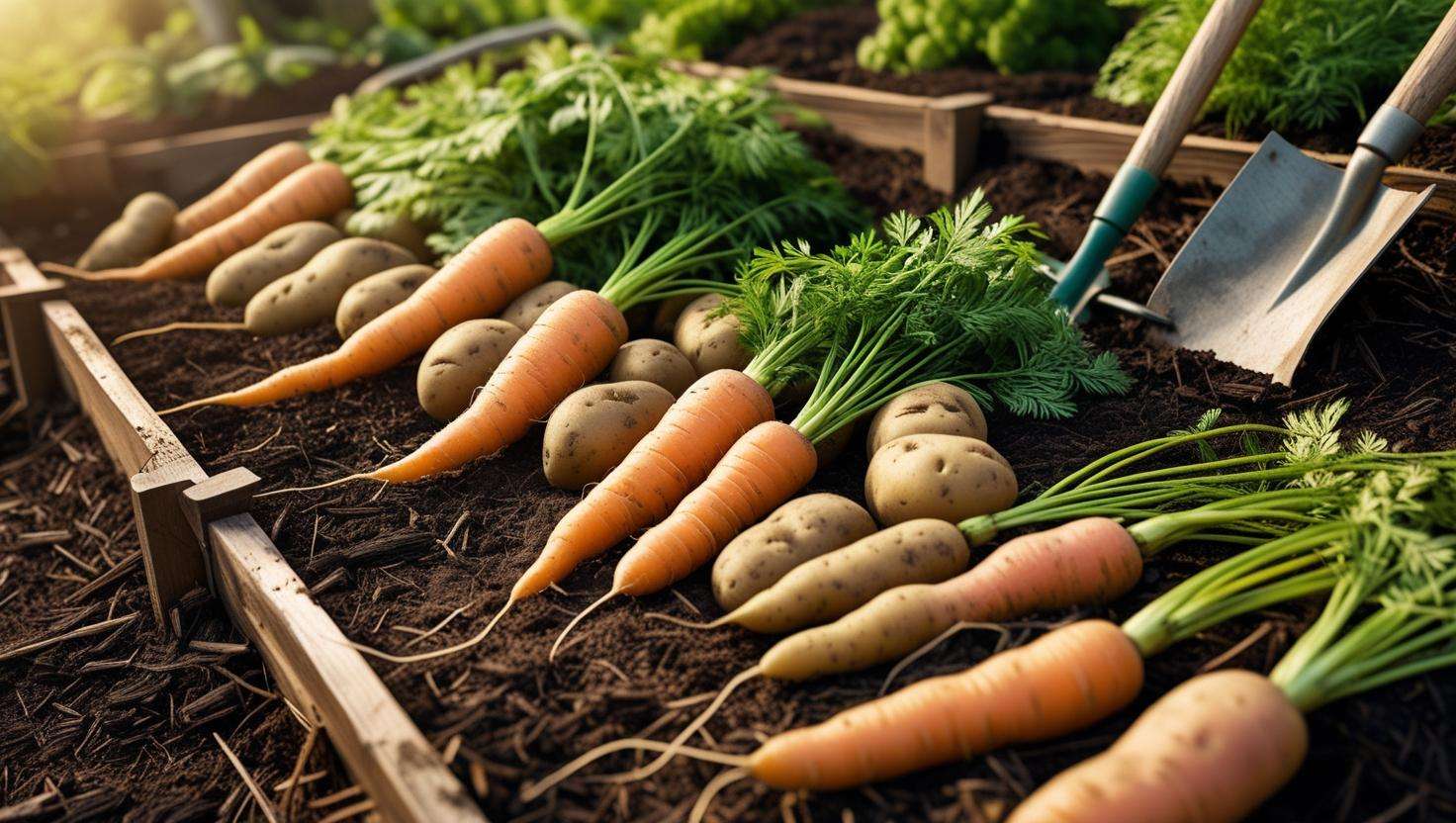 Raised garden bed filled with healthy root vegetables like carrots and potatoes, surrounded by mulch and simple gardening tools