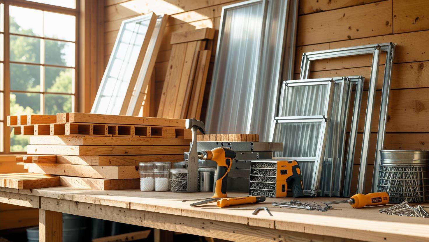 A collection of essential materials laid out (wood, polycarbonate panels, tools, etc.) ready for construction.