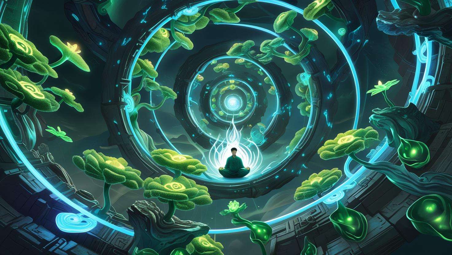 Immortal Farm System Space floating in clouds with glowing plants and golden Qi energy streams for cultivation"