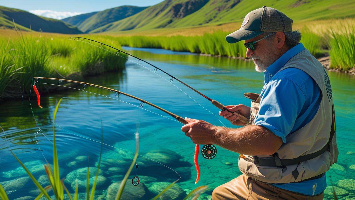  A photo showing an angler using different techniques such as bottom fishing or float fishing with worms, including a bobber or sinker setup. It can show a variety of fishing styles and techniques in action.