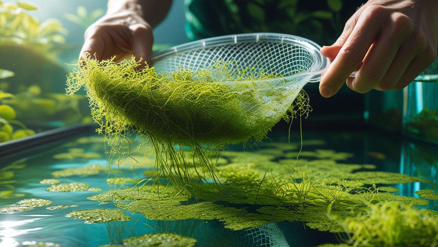  A tank showing a balance between duckweed and other plants, with a fine net being used to remove some of the floating plant, highlighting the growth management process.