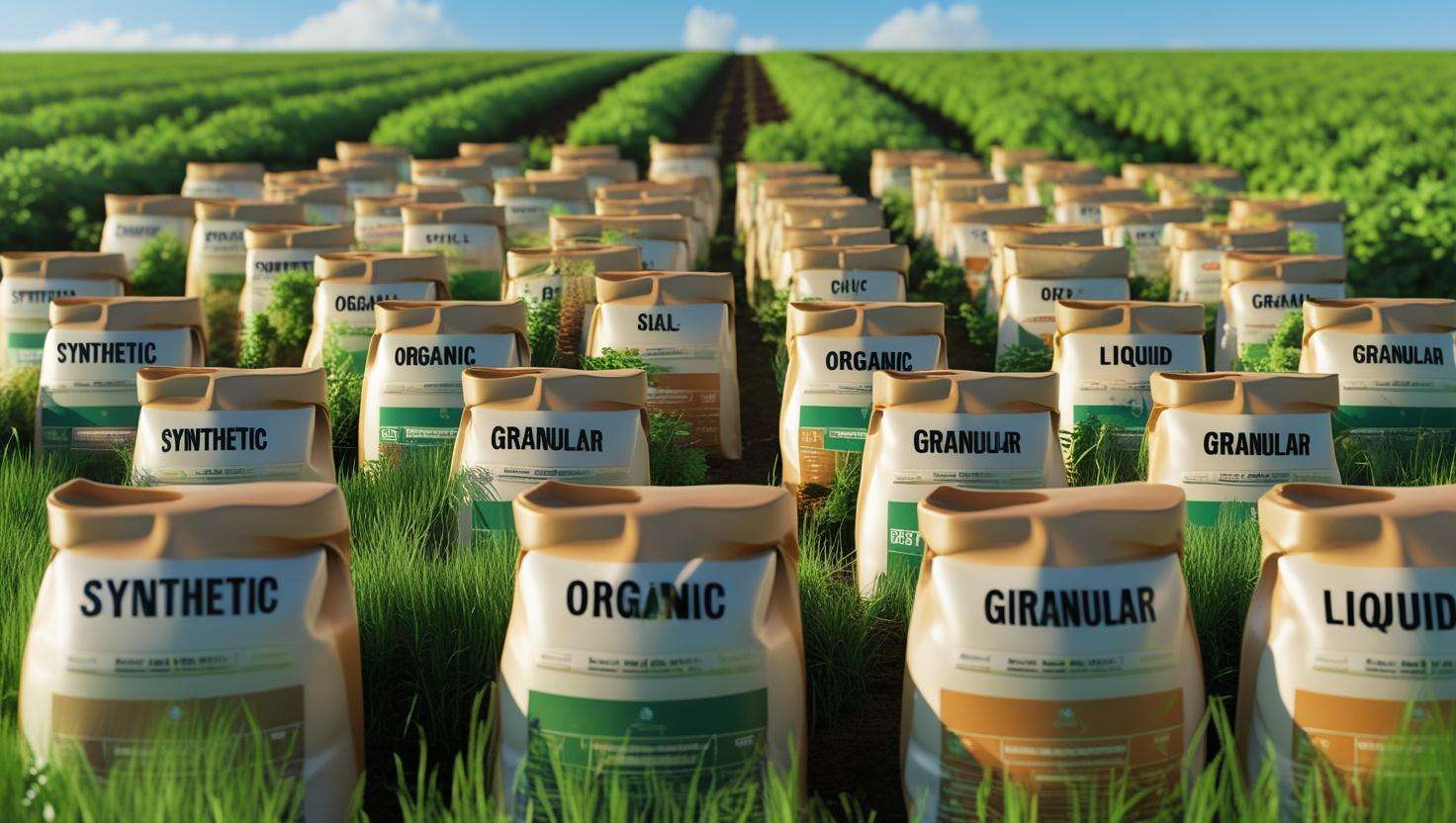 Various bags of fertilizer (granular, liquid, organic) neatly arranged, with labels showing each type.