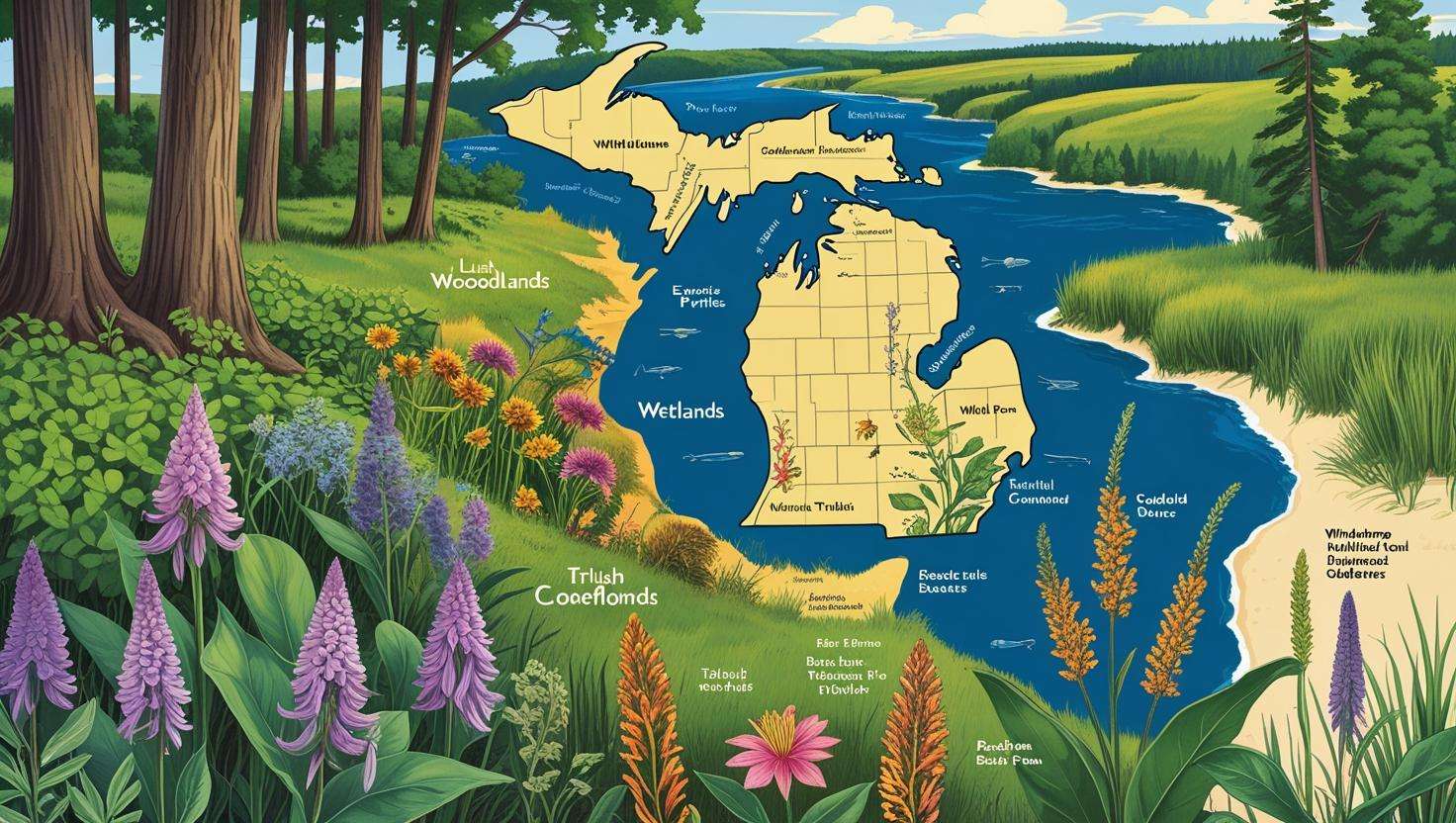 Illustrated map of Michigan showing different habitats like woodlands, prairies, wetlands, and coastal dunes with native wildflowers marked in each region