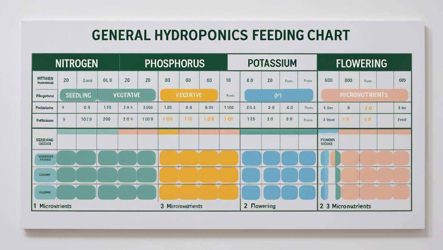  An illustration or image showing a close-up of the General Hydroponics Feeding Chart with a breakdown of the nutrient categories like macronutrients, micronutrients, and stages of growth.