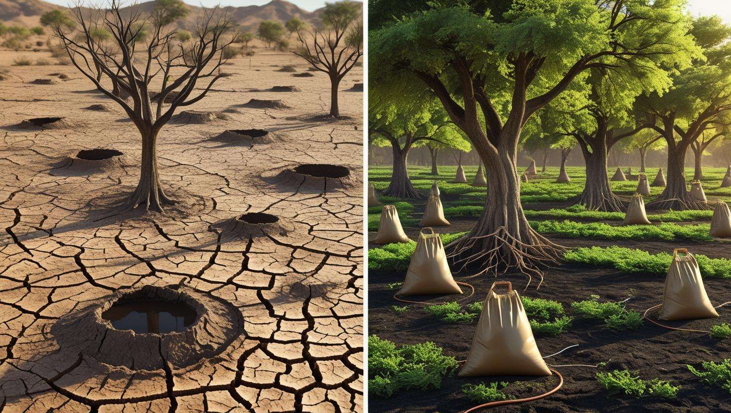 Before and after images showing a dry landscape revitalized by tree water bags, with lush green trees replacing barren, cracked soil