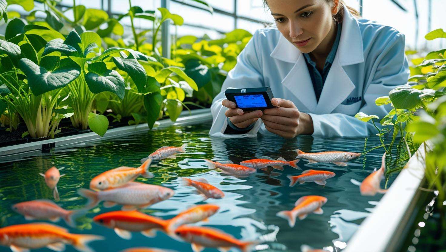 A well-maintained aquaponics system with clear water, healthy fish, and thriving plants, possibly with a person testing water parameters
