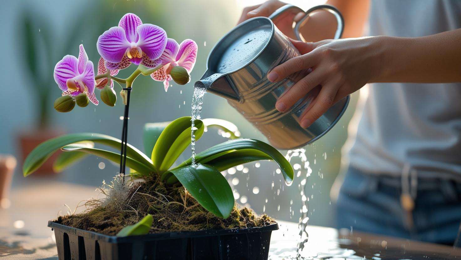 Person watering an orchid from above, gently pouring water onto the potting medium, avoiding the crown and leaves, ensuring proper orchid care
