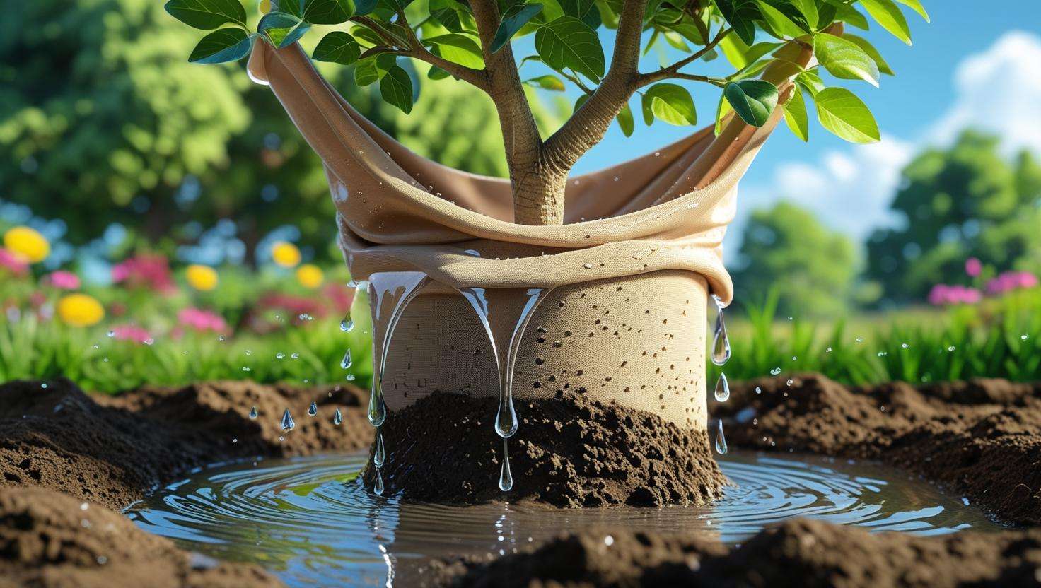 Tree water bag slowly releasing water onto the soil around a young tree, promoting deep root hydration and healthy tree growth