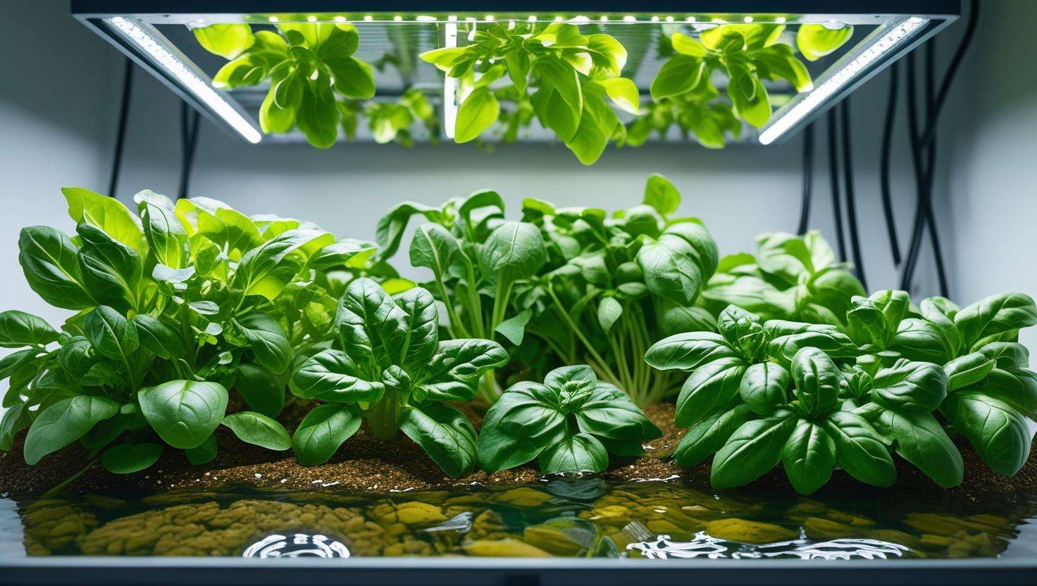 An image of plants like basil, lettuce, and spinach growing in a well-lit indoor aquaponics system.